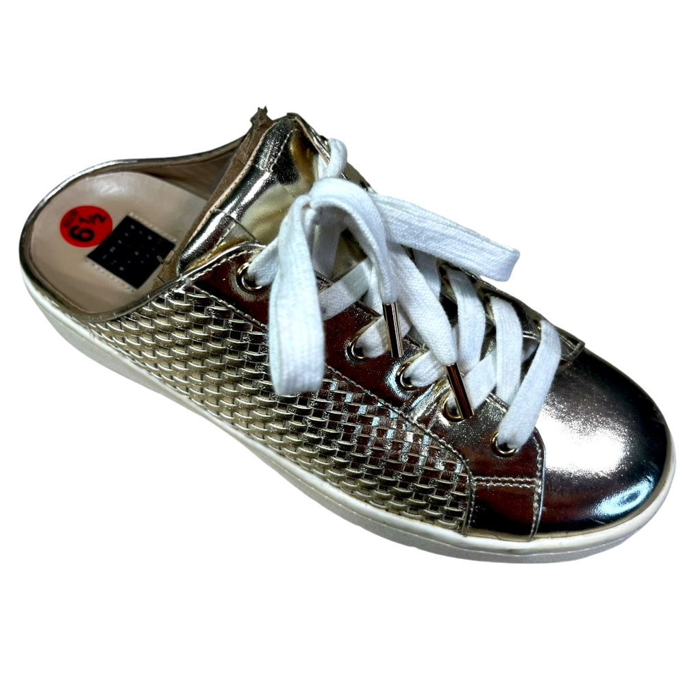 White  House Black Market Kicks Quilted Gold Metallic
Mule Sneakers.